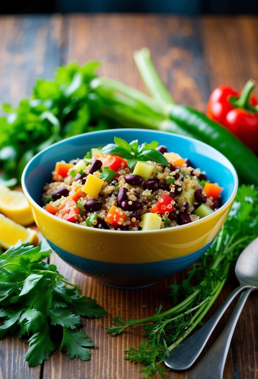 A colorful bowl of quinoa and black bean salad surrounded by fresh vegetables and herbs on a wooden table