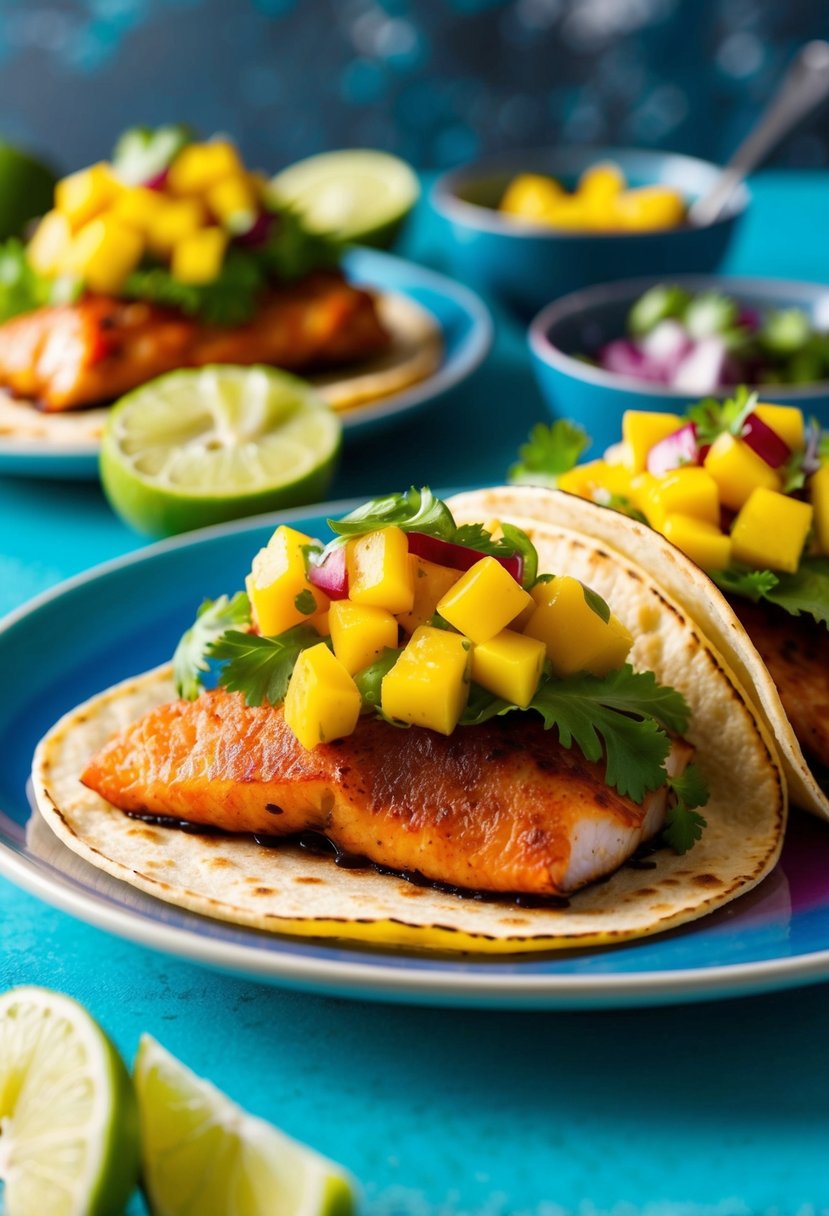 A colorful plate of fish tacos topped with vibrant mango salsa