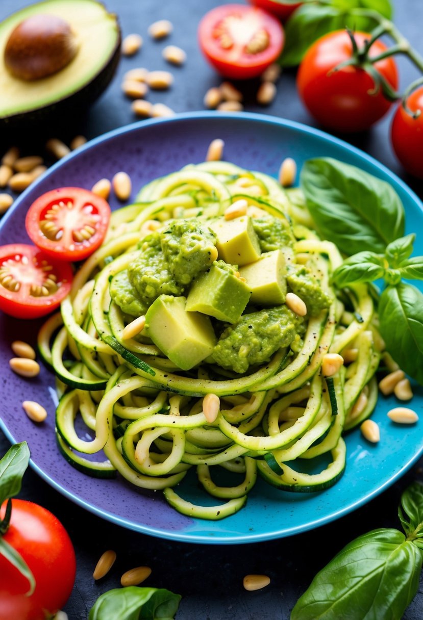 A colorful plate of zucchini noodles topped with creamy avocado pesto, surrounded by fresh ingredients like tomatoes, basil, and pine nuts