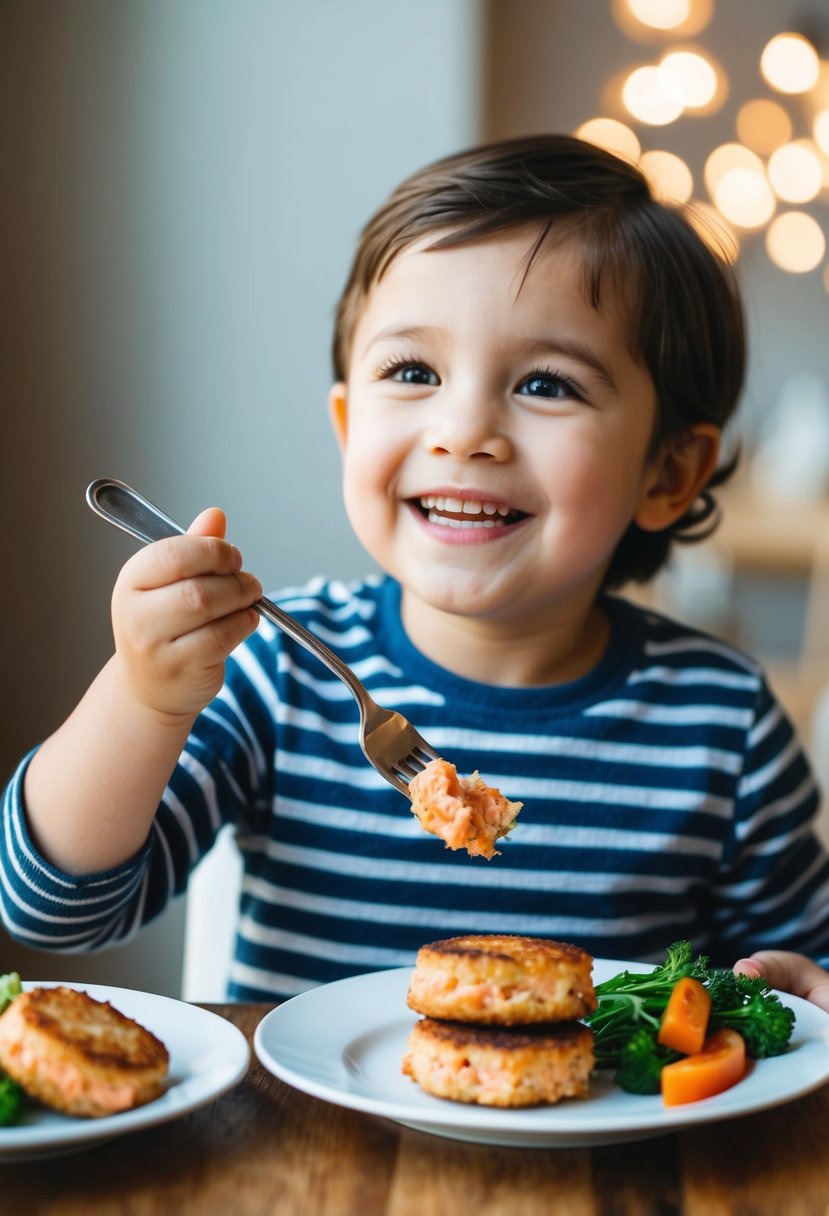 A smiling child sits at a table with a plate of salmon cakes and a side of vegetables. The child eagerly reaches for a fork to take a bite