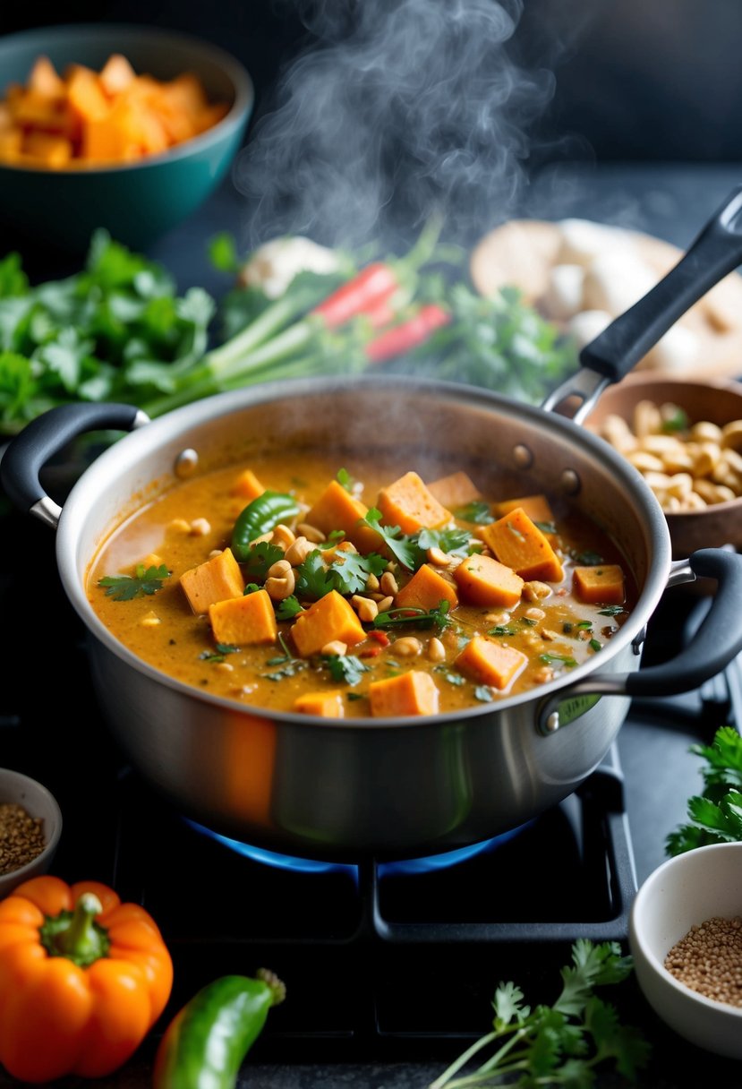 A steaming pot of Thai Peanut Sweet Potato Curry simmering on a stovetop, surrounded by vibrant vegetables, herbs, and spices