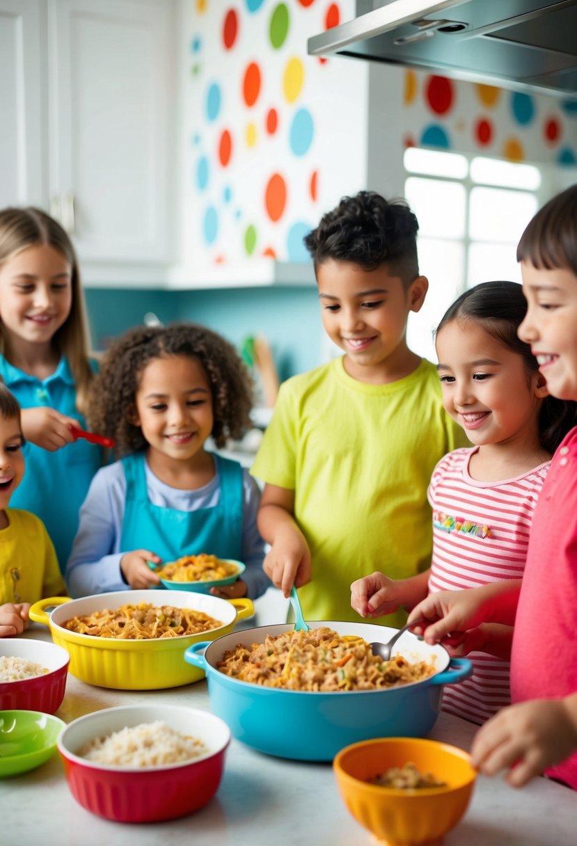 A colorful kitchen scene with a child-friendly tuna casserole being prepared and served to a group of happy kids