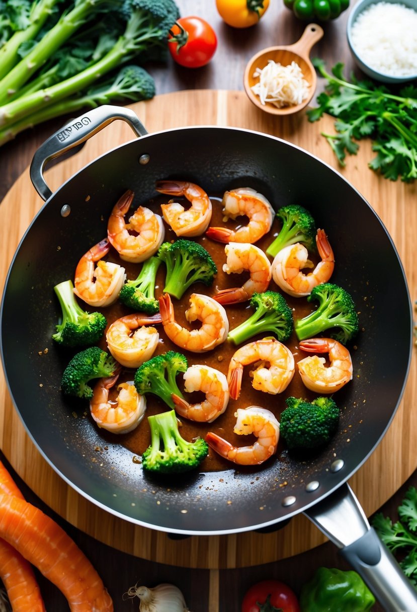 A sizzling wok filled with shrimp, broccoli, and keto-friendly stir-fry sauce, surrounded by vibrant, fresh ingredients on a wooden cutting board