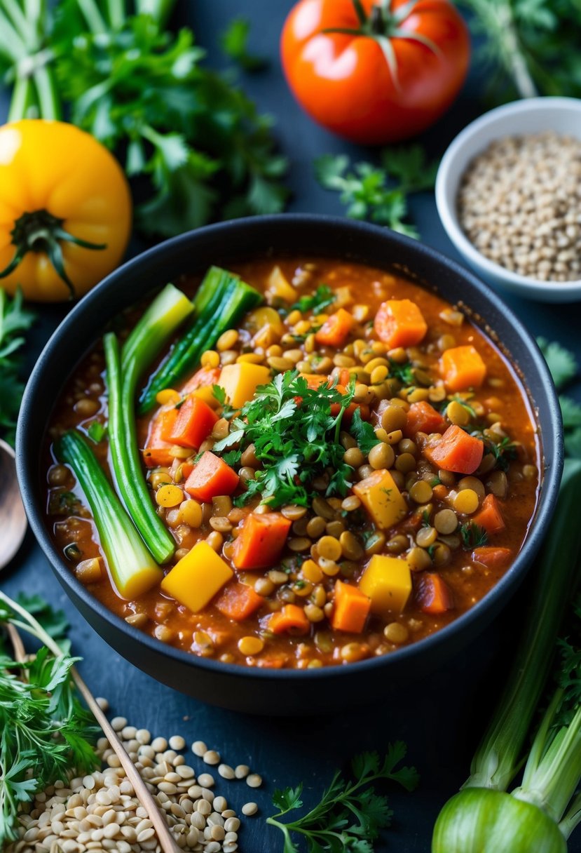 A colorful array of fresh vegetables and lentils simmering in a rich tomato sauce, surrounded by herbs and spices