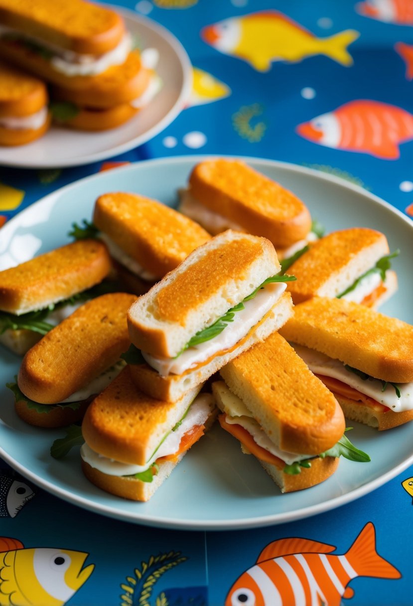 A colorful plate of fish finger sandwiches surrounded by playful fish illustrations