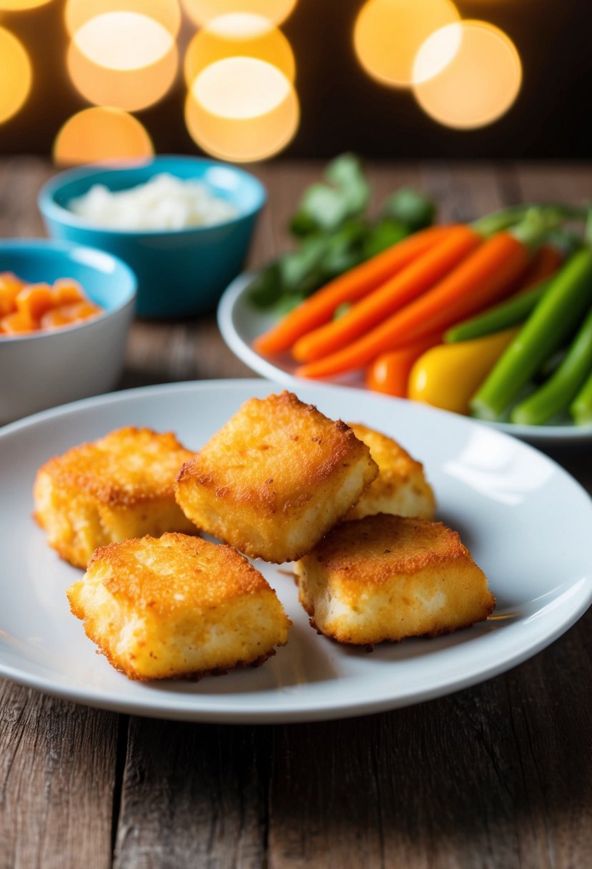 Golden-brown baked cod nuggets on a white plate with a side of colorful vegetables