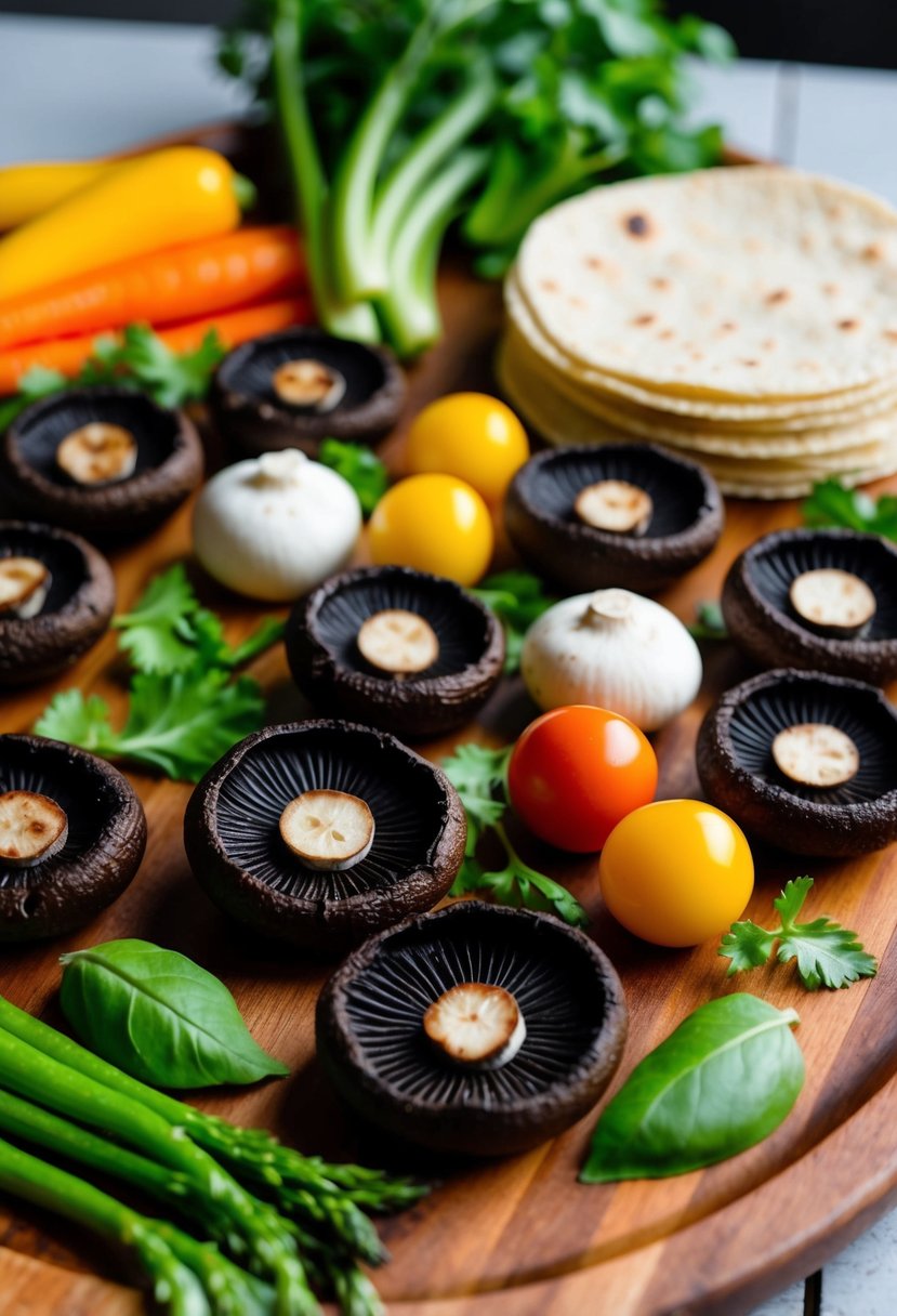 A colorful array of grilled portobello mushrooms, fresh vegetables, and gluten-free tortillas arranged on a wooden serving platter