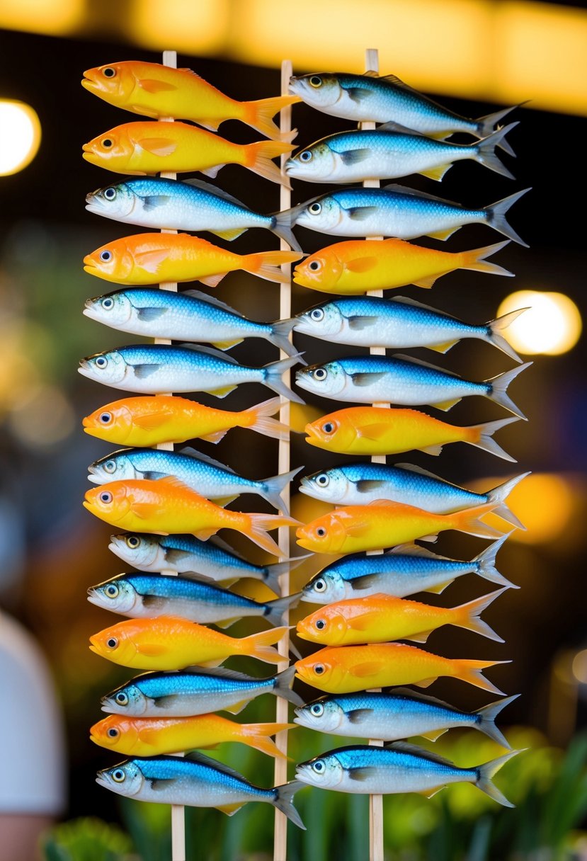 A school of colorful fish skewered on wooden sticks, arranged in a playful and appetizing manner