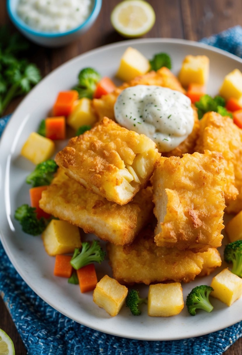 A plate of golden-brown fish and chips bites surrounded by colorful vegetables and a dollop of tartar sauce