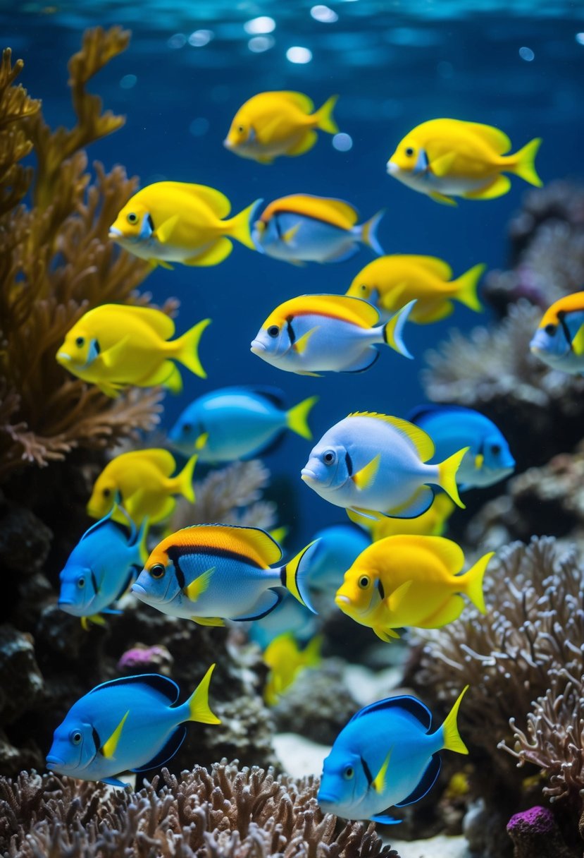 A school of colorful tropical fish swimming around a coral reef, with seaweed and other aquatic plants in the background