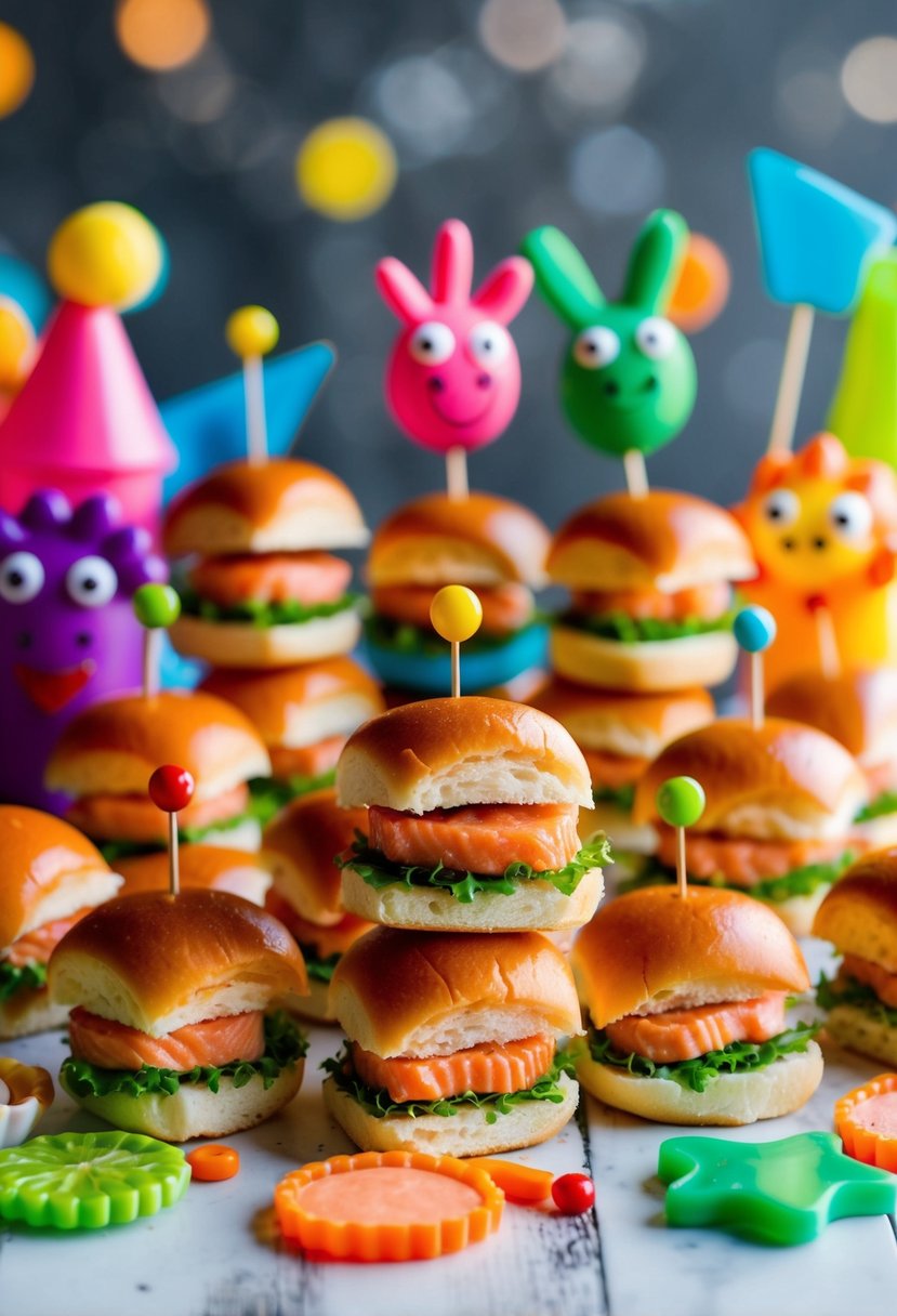 A colorful spread of mini salmon sliders surrounded by playful, kid-friendly props