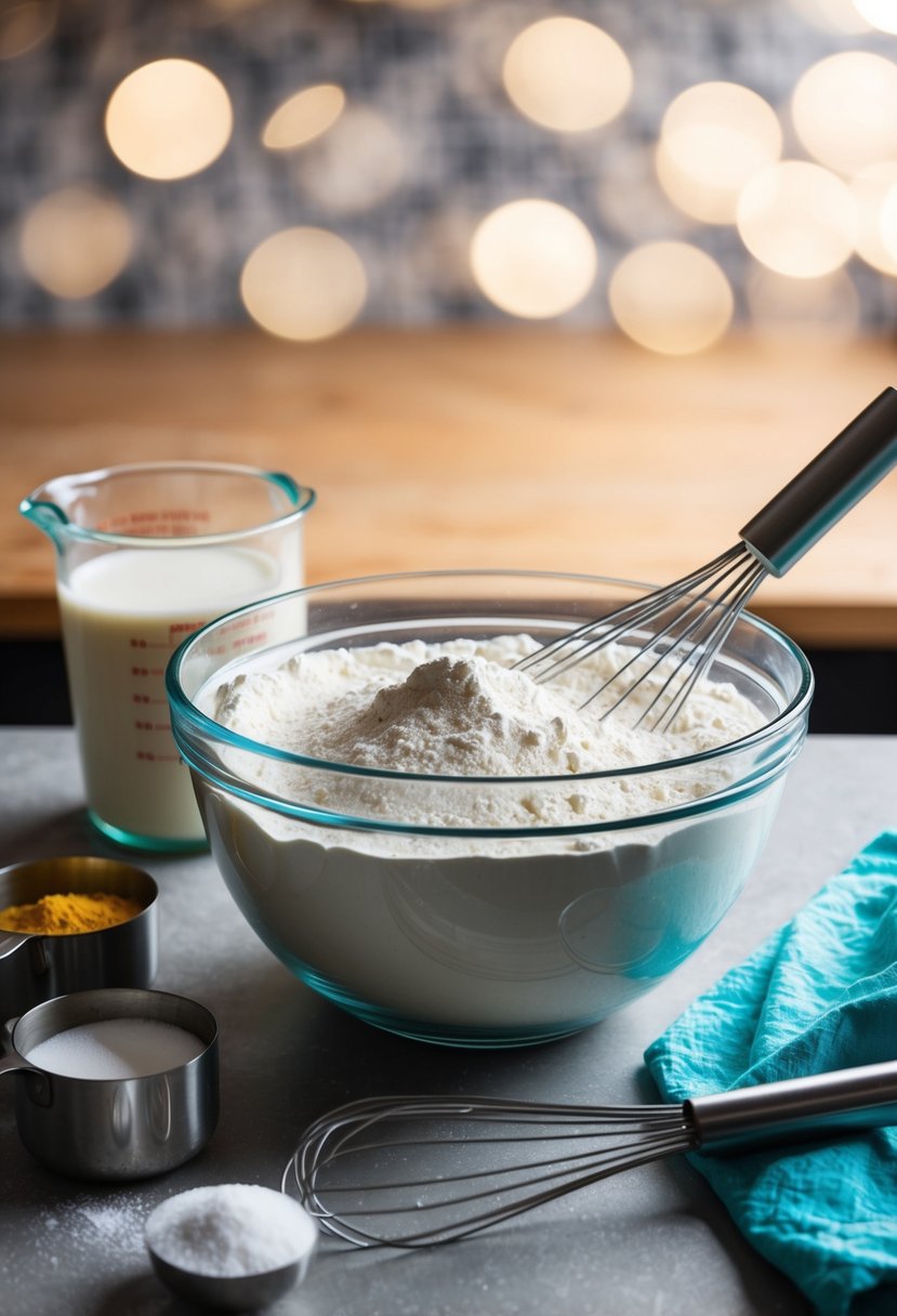 A mixing bowl filled with flour, sugar, and milk. A whisk and measuring cups sit nearby. Ingredients for a simple eggless cake recipe are laid out on the counter