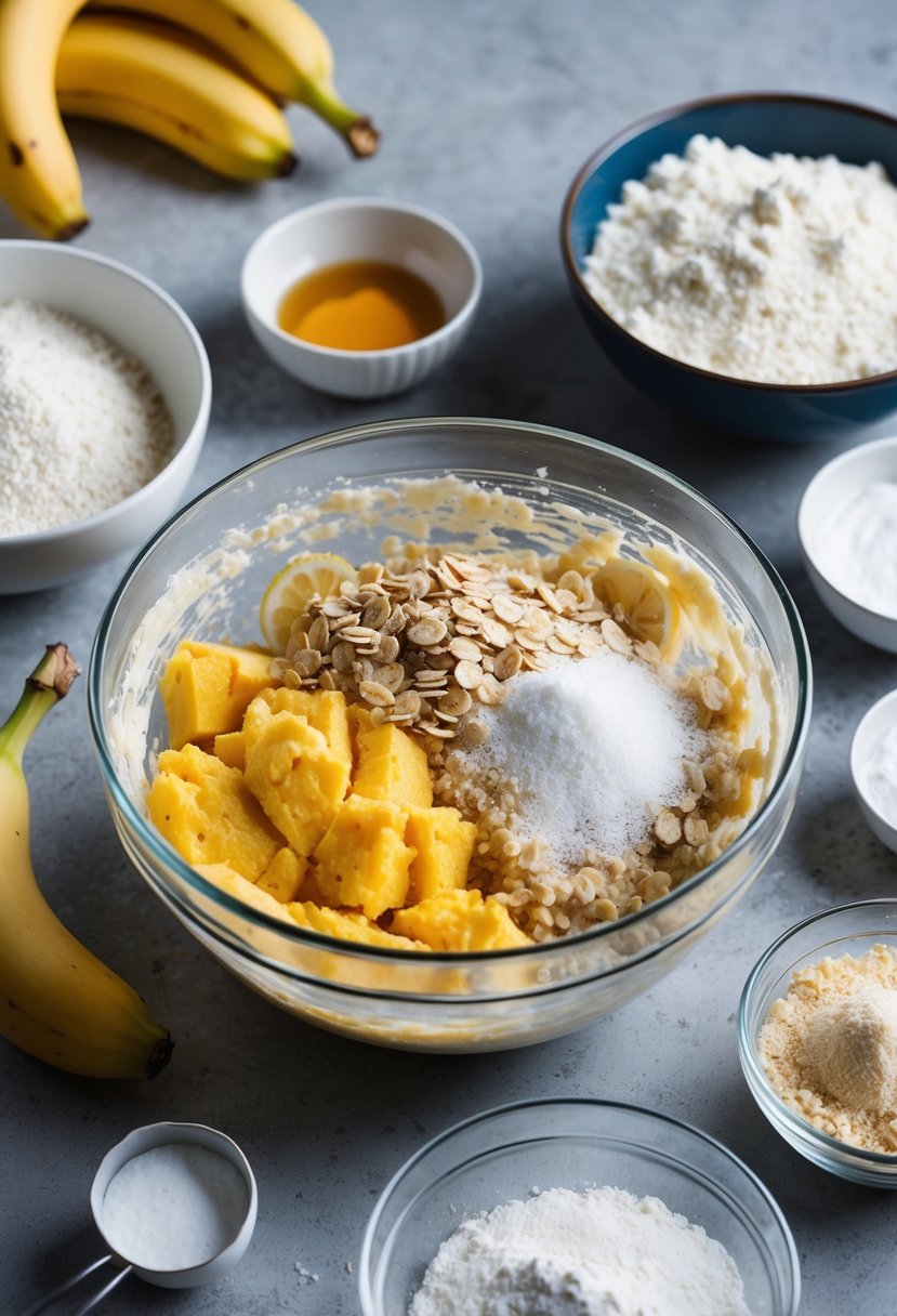 A mixing bowl filled with mashed bananas, oats, and cake batter, surrounded by ingredients like flour, sugar, and baking powder on a kitchen counter