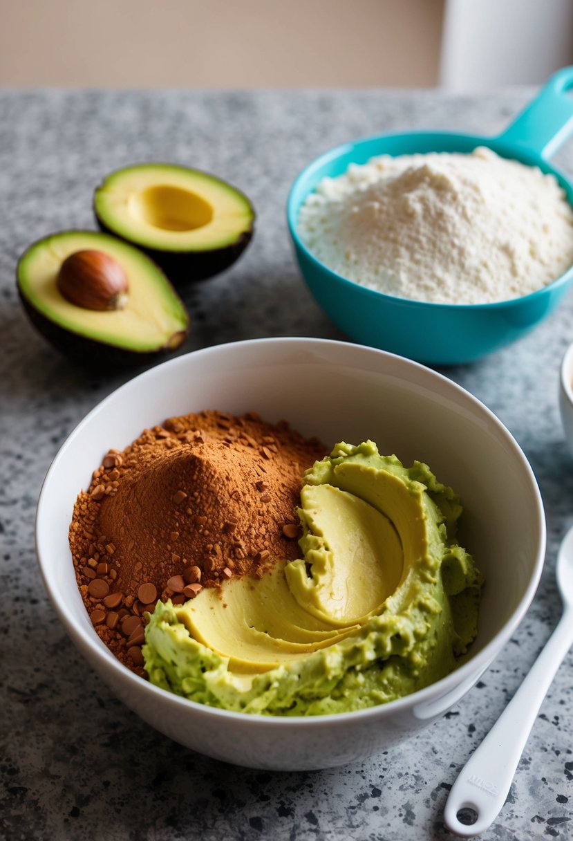 A mixing bowl with mashed avocado, cocoa powder, and flour. Ingredients arranged neatly on a countertop