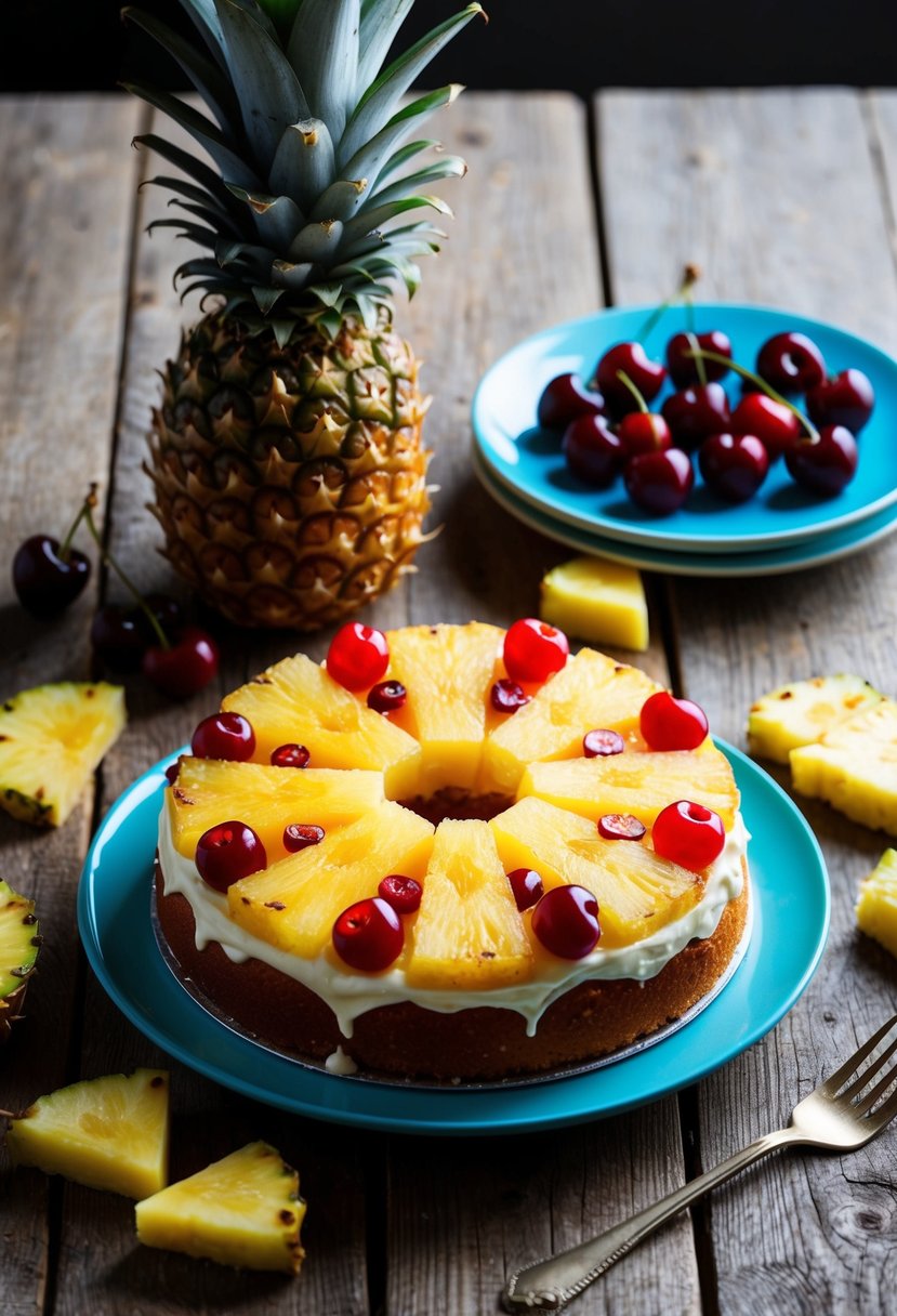 A pineapple upside-down cake sits on a rustic wooden table, surrounded by fresh pineapple slices and cherries