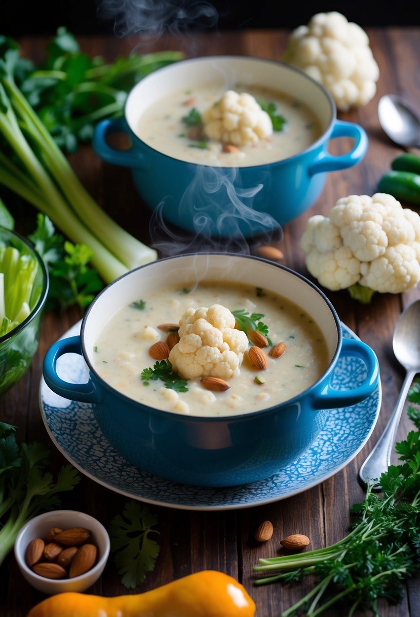 A steaming pot of cauliflower and almond soup surrounded by fresh vegetables and herbs