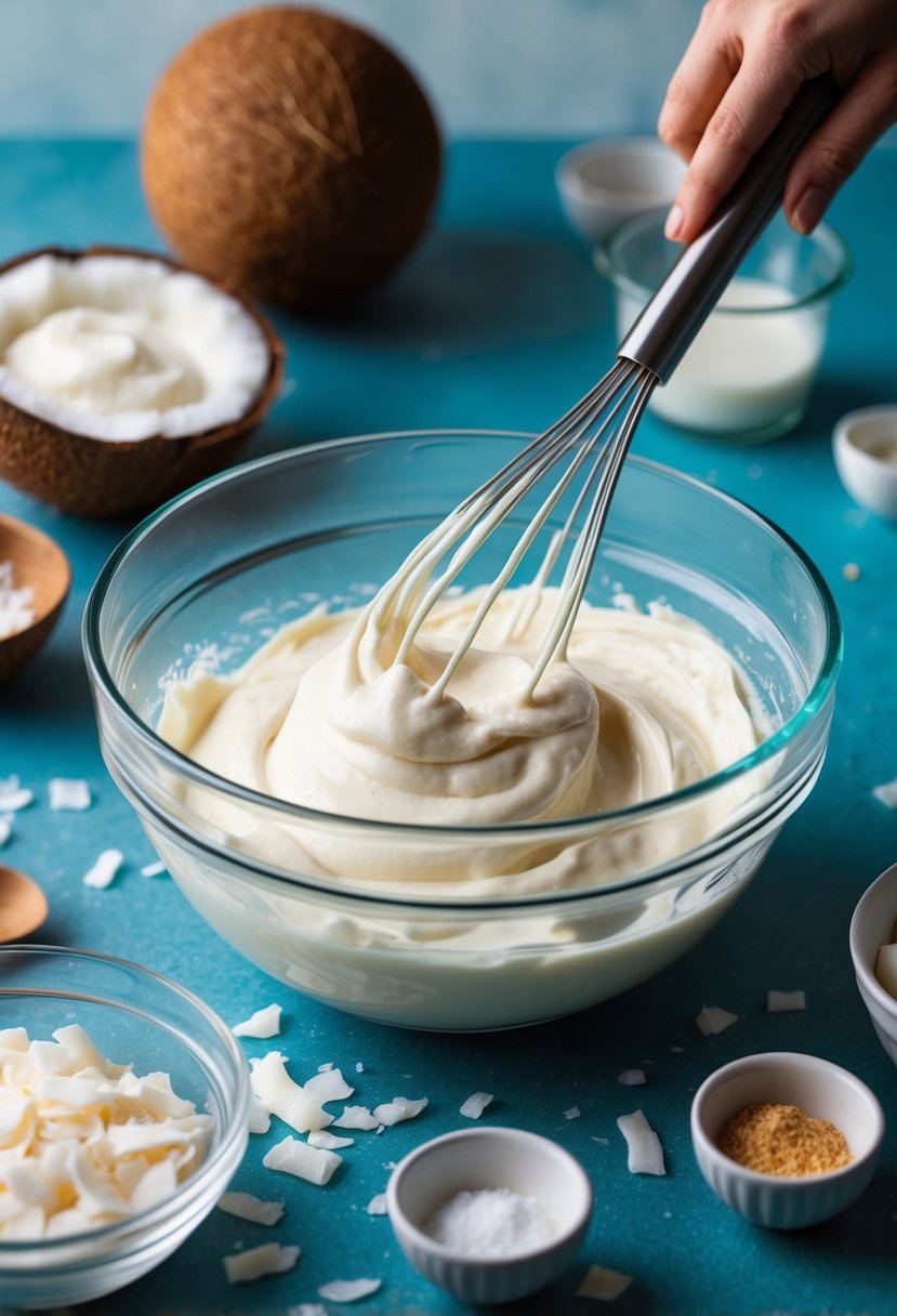 A coconut yogurt cake being mixed in a bowl, surrounded by ingredients like coconut flakes, yogurt, and a whisk