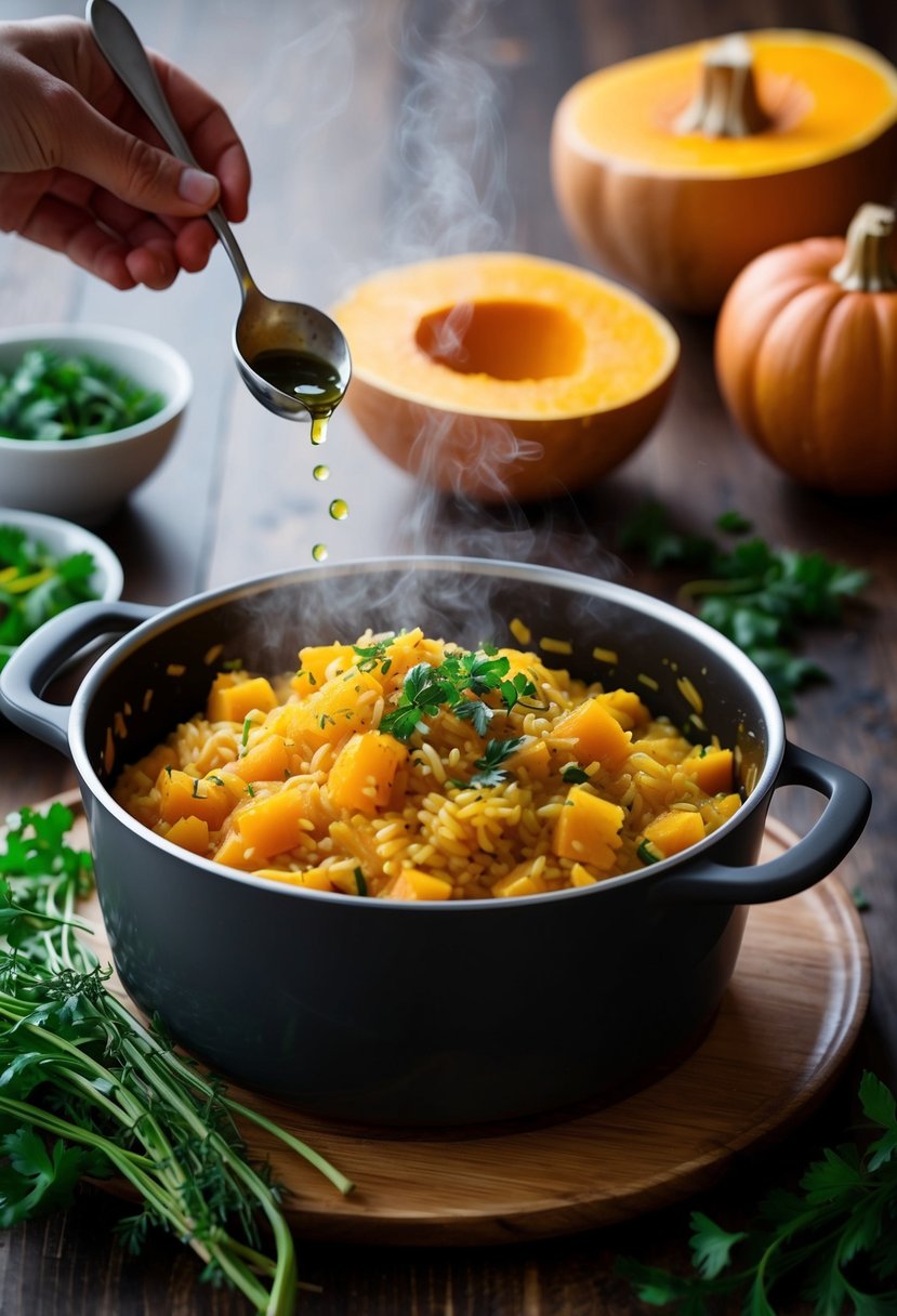 A steaming pot of butternut squash risotto being prepared with fresh, colorful vegetables and aromatic herbs