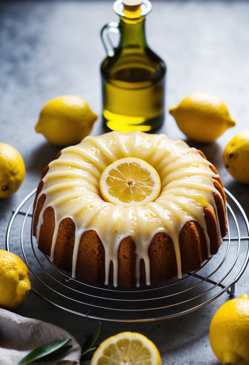 A lemon olive oil cake cooling on a wire rack, surrounded by fresh lemons and a bottle of olive oil