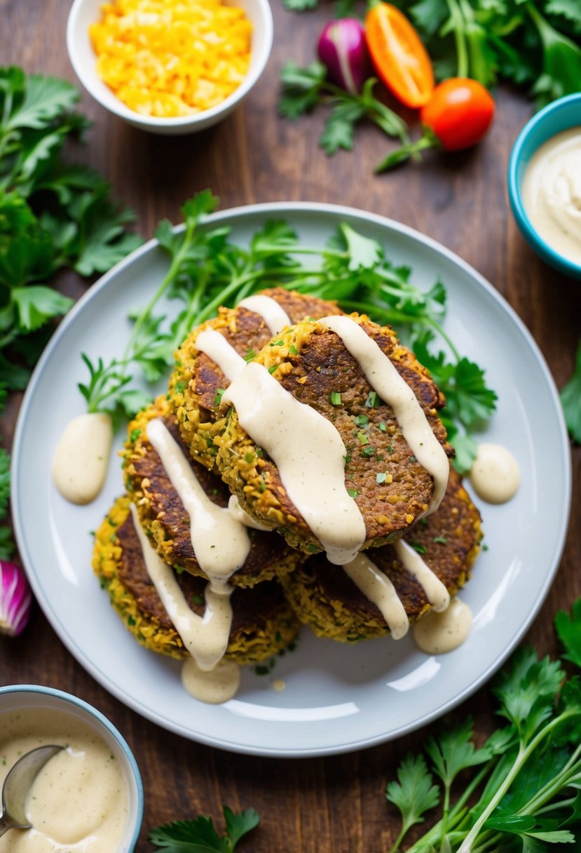 A plate of golden-brown falafel drizzled with creamy tahini sauce, surrounded by fresh herbs and colorful vegetables