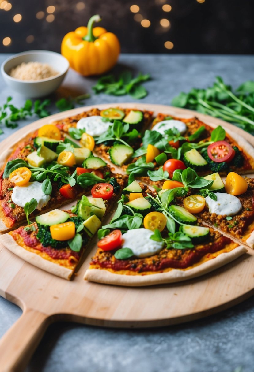 A colorful veggie pizza with a gluten-free crust, topped with fresh vegetables and plant-based cheese, sitting on a wooden pizza peel