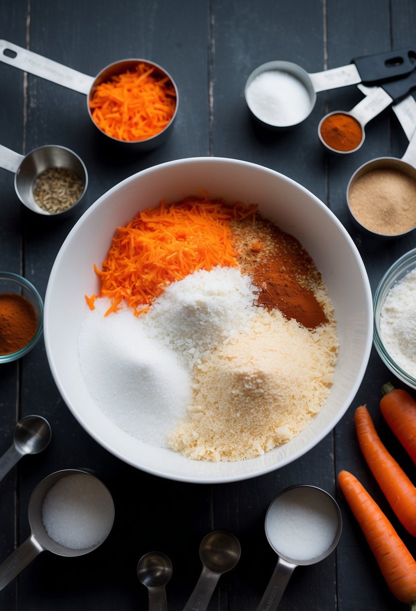 A mixing bowl filled with grated carrots, flour, sugar, and a variety of spices, surrounded by measuring cups and spoons