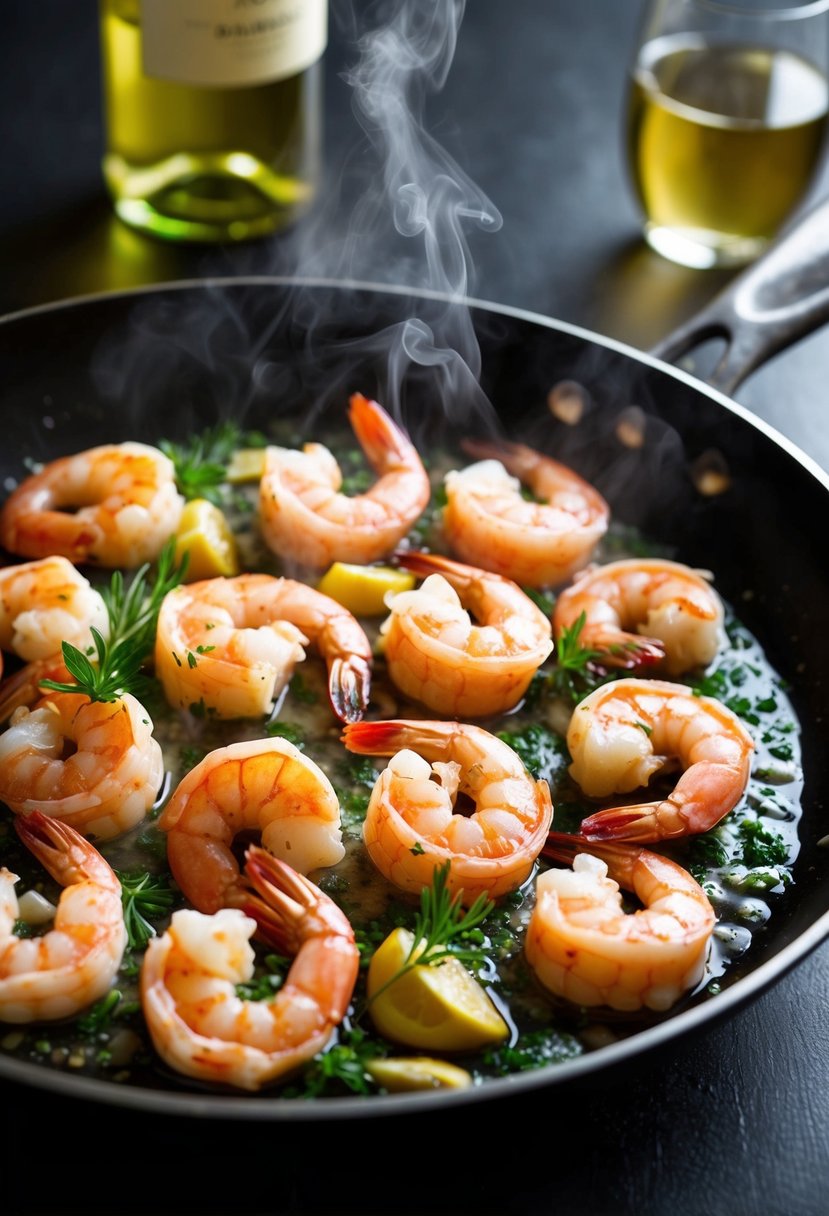 A sizzling skillet with jumbo shrimp, garlic, and herbs. A splash of white wine adds steam