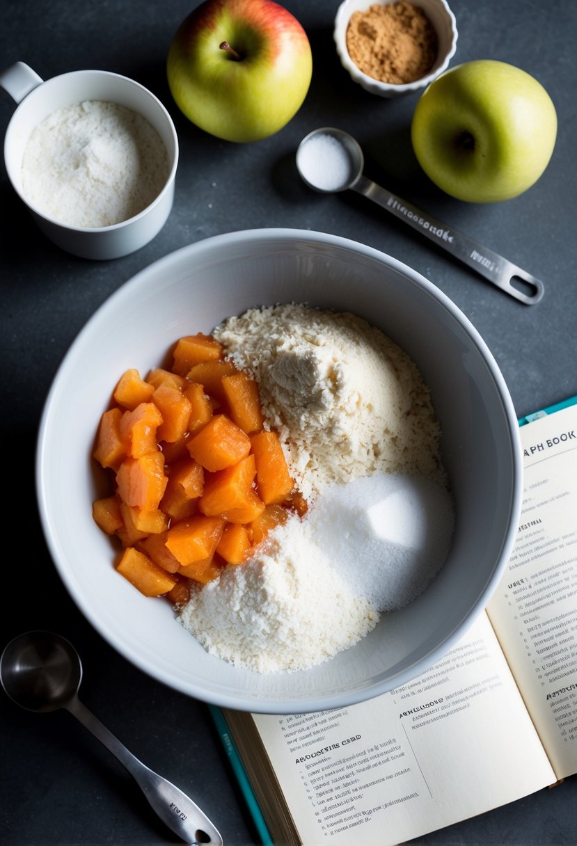 A mixing bowl filled with applesauce, flour, and sugar, surrounded by a measuring cup and spoon. A recipe book lies open beside it