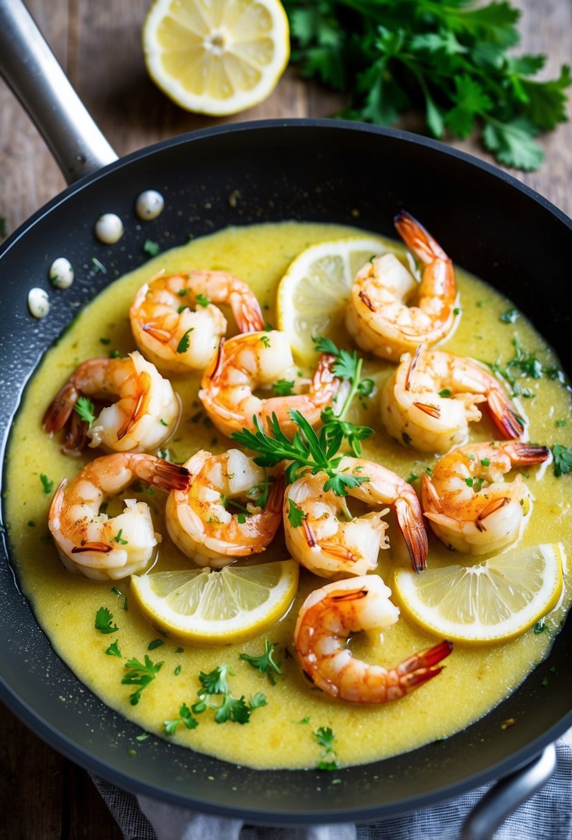 A sizzling pan with golden-brown shrimp coated in garlic lemon butter sauce. Lemon slices and fresh herbs garnish the dish