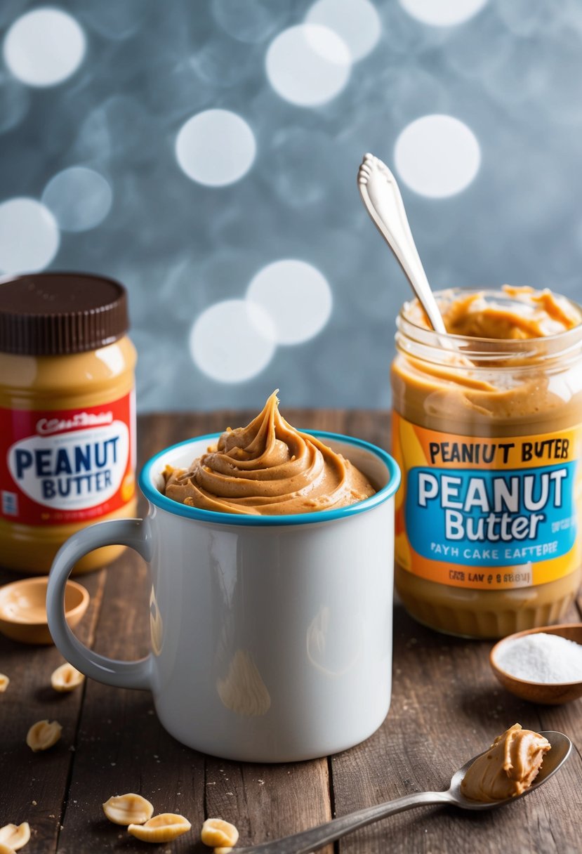 A mug filled with peanut butter cake batter next to a jar of peanut butter and a spoon, with ingredients scattered around