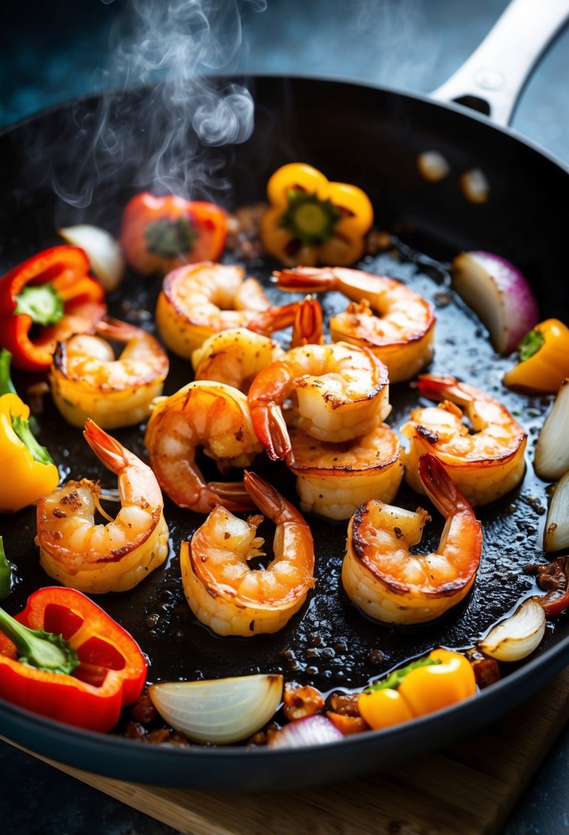 A sizzling skillet with pan-seared Cajun shrimp, surrounded by colorful bell peppers and onions, emitting a tantalizing aroma of spices