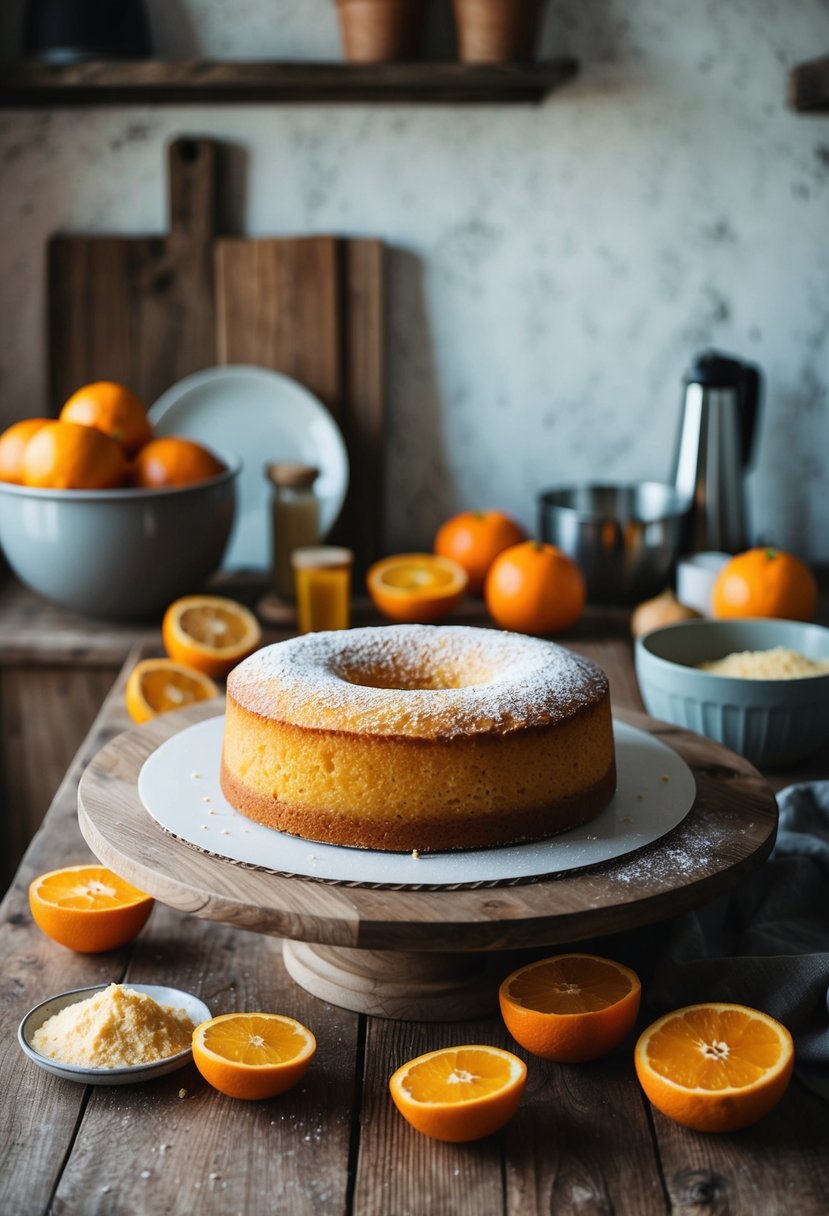 A rustic kitchen with a wooden table topped with an orange polenta cake, surrounded by ingredients like oranges, polenta, and a mixing bowl