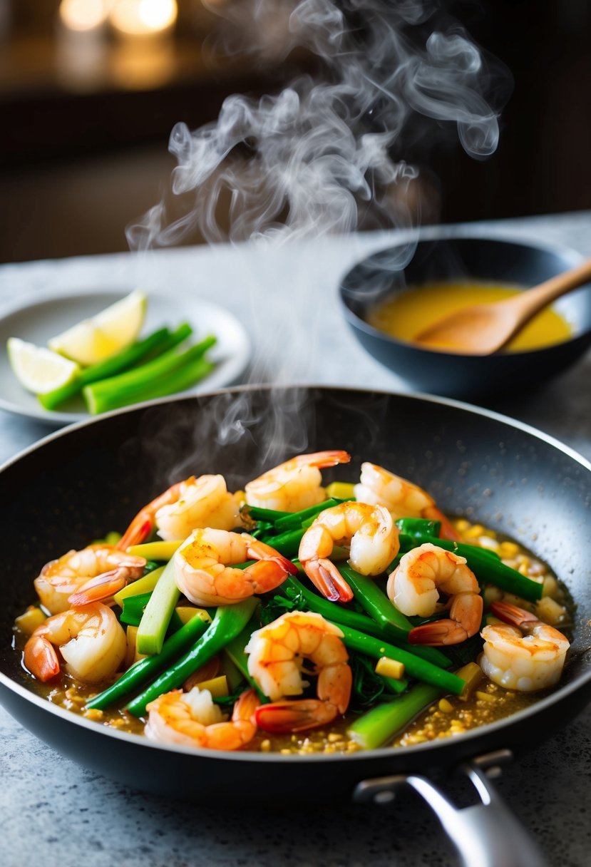 A sizzling pan with shrimp, stir-fry vegetables, and a honey garlic sauce bubbling and steaming