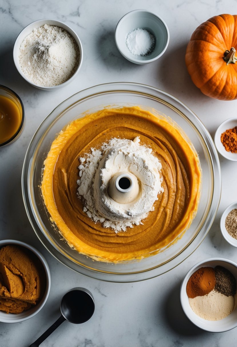 A mixing bowl filled with vegan pumpkin spice cake batter, surrounded by ingredients like pumpkin puree, flour, and spices