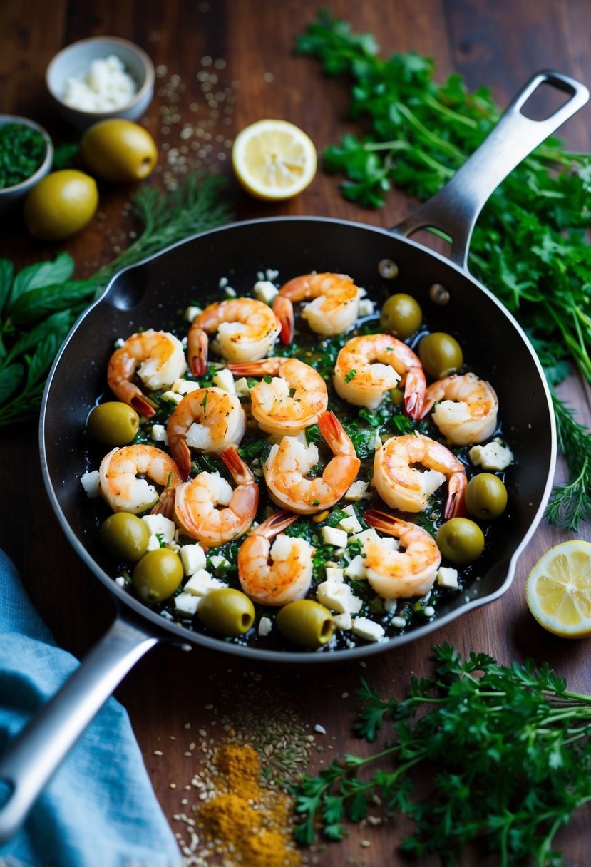 A sizzling skillet holds plump shrimp, green olives, and crumbled feta, surrounded by vibrant Mediterranean herbs and spices