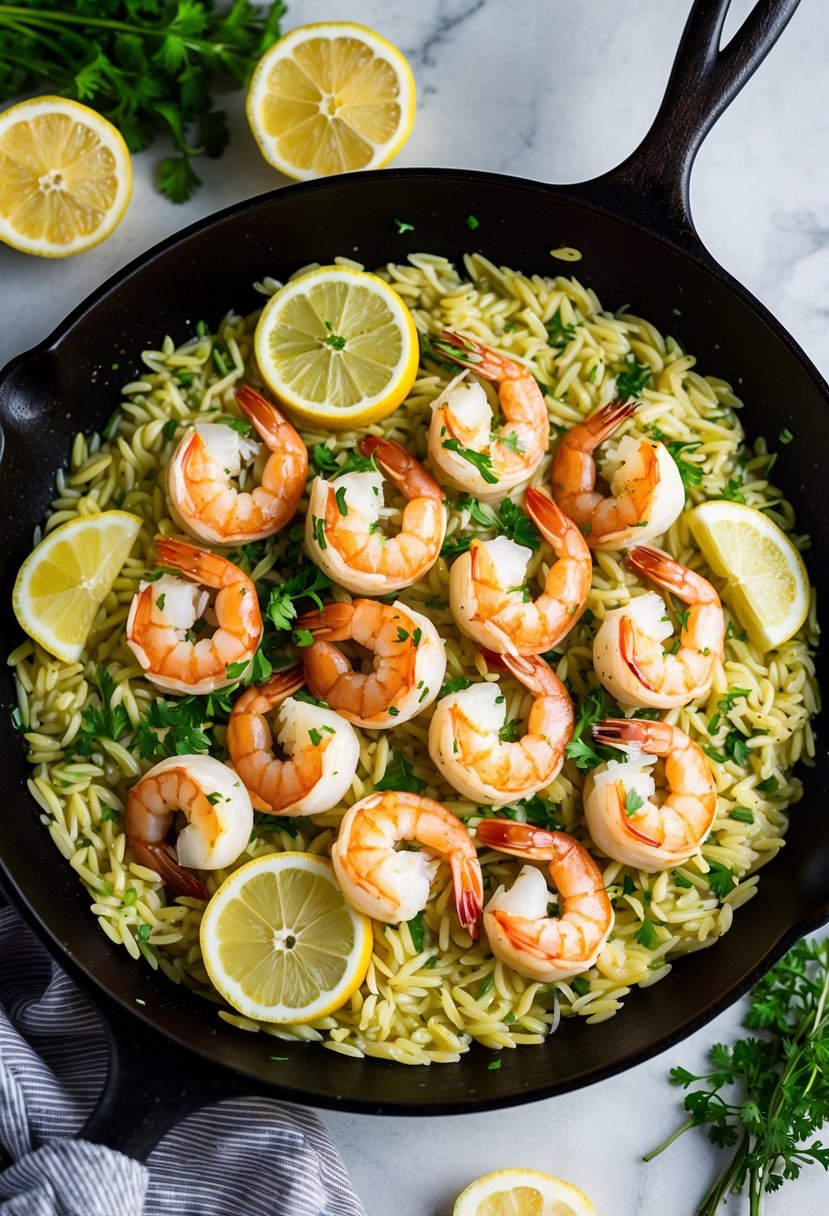 A sizzling skillet of lemon herb shrimp served over a bed of orzo, surrounded by fresh herbs and lemon slices