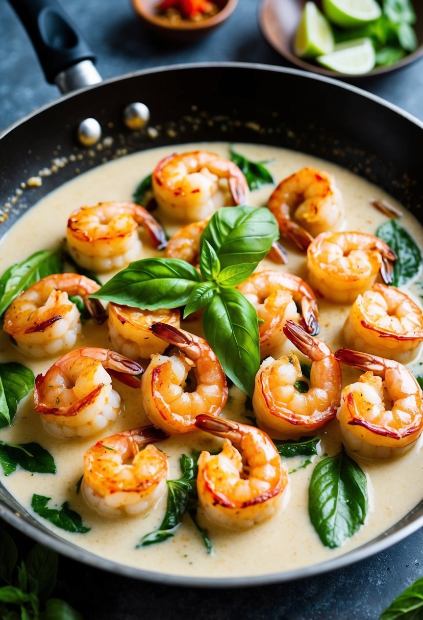 A sizzling skillet of pan-seared shrimp in a creamy coconut milk sauce, garnished with vibrant Thai basil leaves and aromatic spices