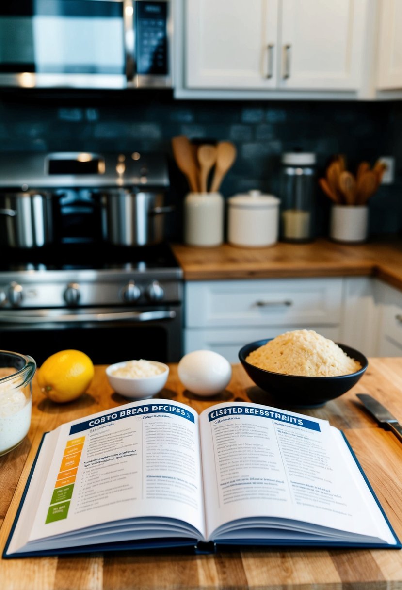 A kitchen counter with various ingredients and a recipe book open to a page on "Costco bread recipes."