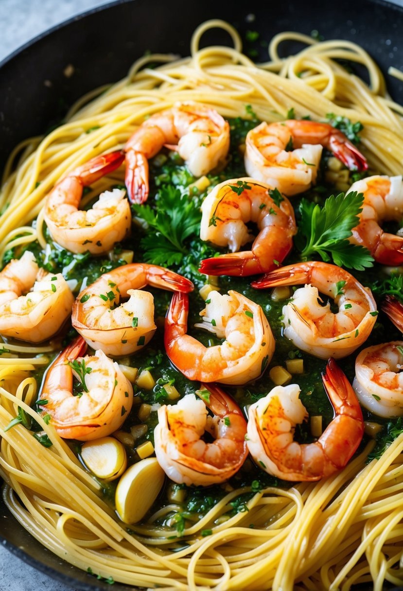 A sizzling skillet with plump shrimp, garlic, and herbs, surrounded by strands of angel hair pasta