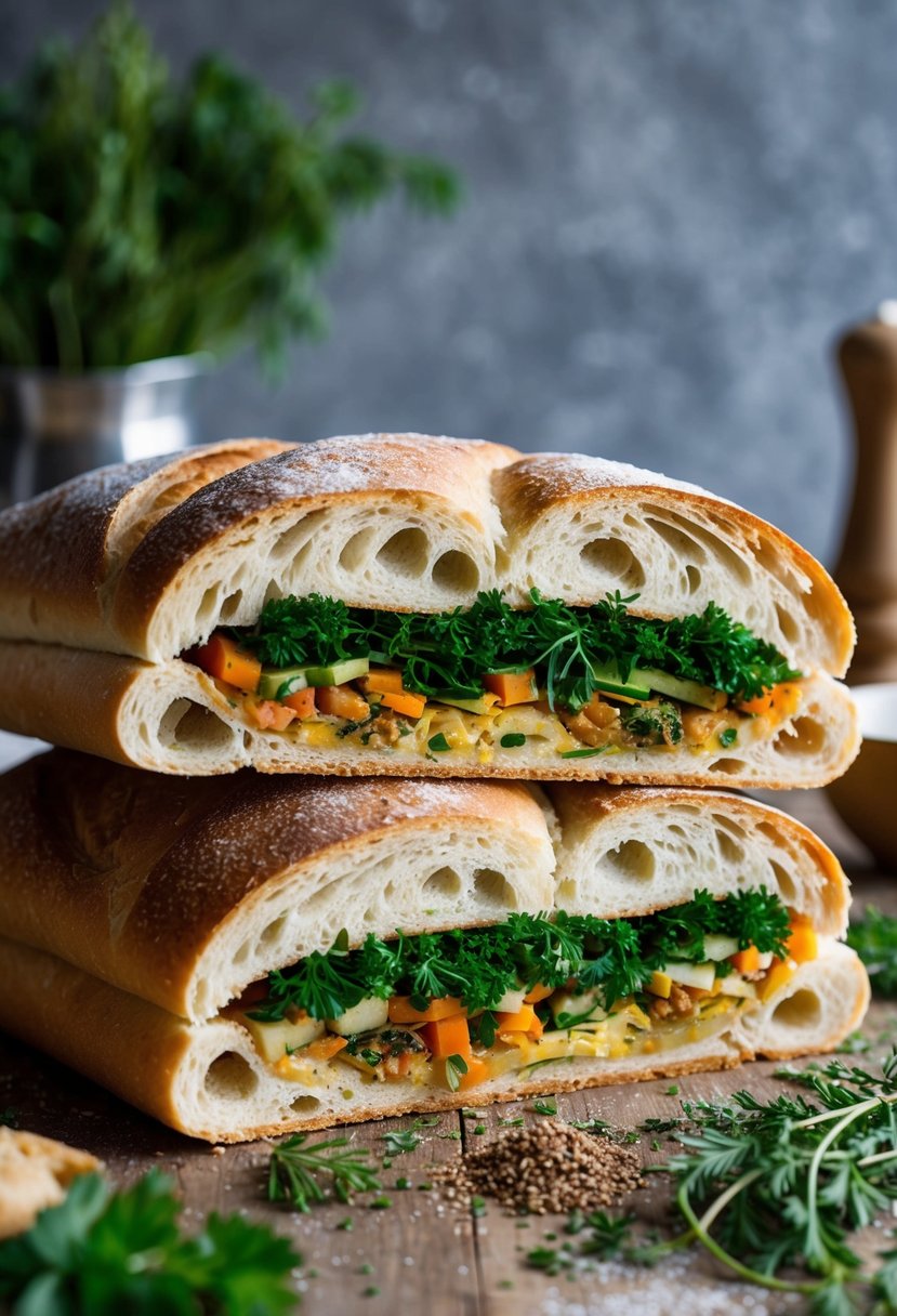 A rustic ciabatta loaf sliced open with layers of fresh ingredients spilling out, surrounded by herbs and spices