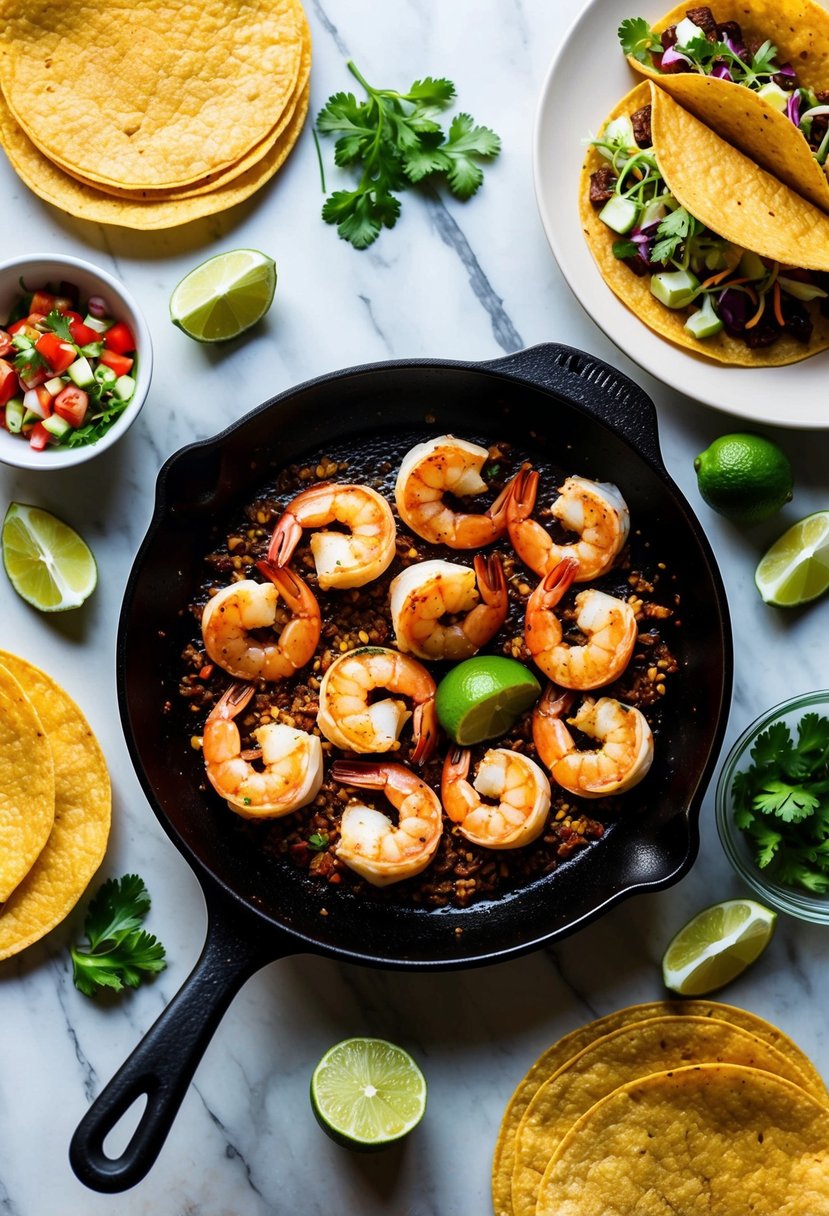 Pan-seared shrimp in a sizzling skillet with chili lime seasoning, surrounded by taco shells and fresh toppings