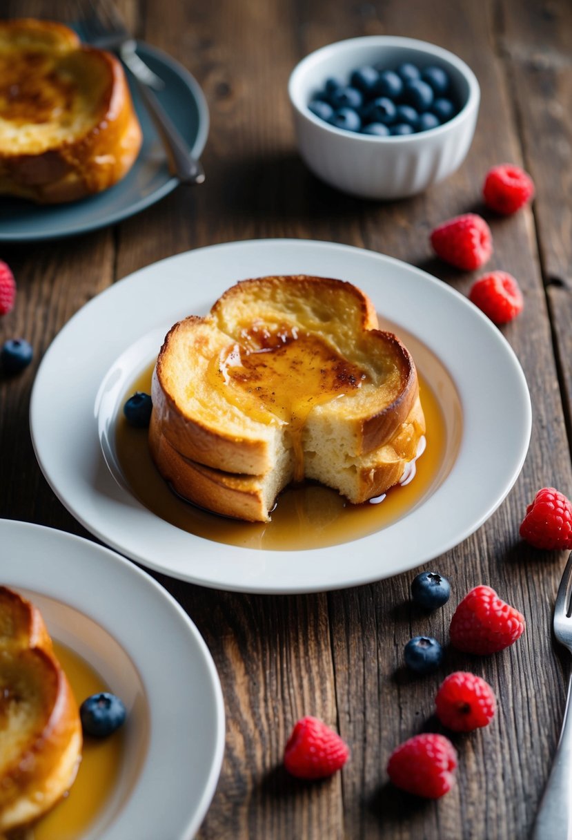 A rustic wooden table set with a golden brown brioche French toast casserole, surrounded by fresh berries and a drizzle of maple syrup