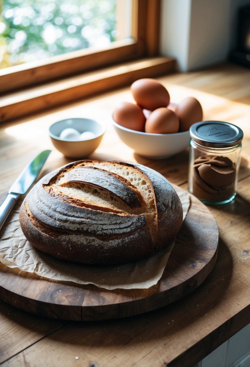 A rustic wooden table with a freshly baked loaf of sourdough bread, a bowl of eggs, and a jar of cinnamon on a sunny kitchen counter