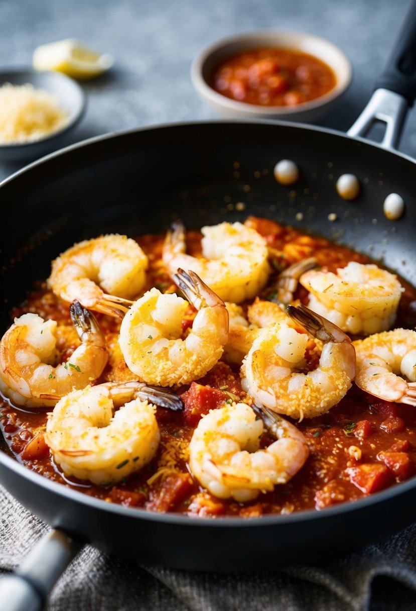 Golden shrimp coated in parmesan, sizzling in a pan with marinara sauce