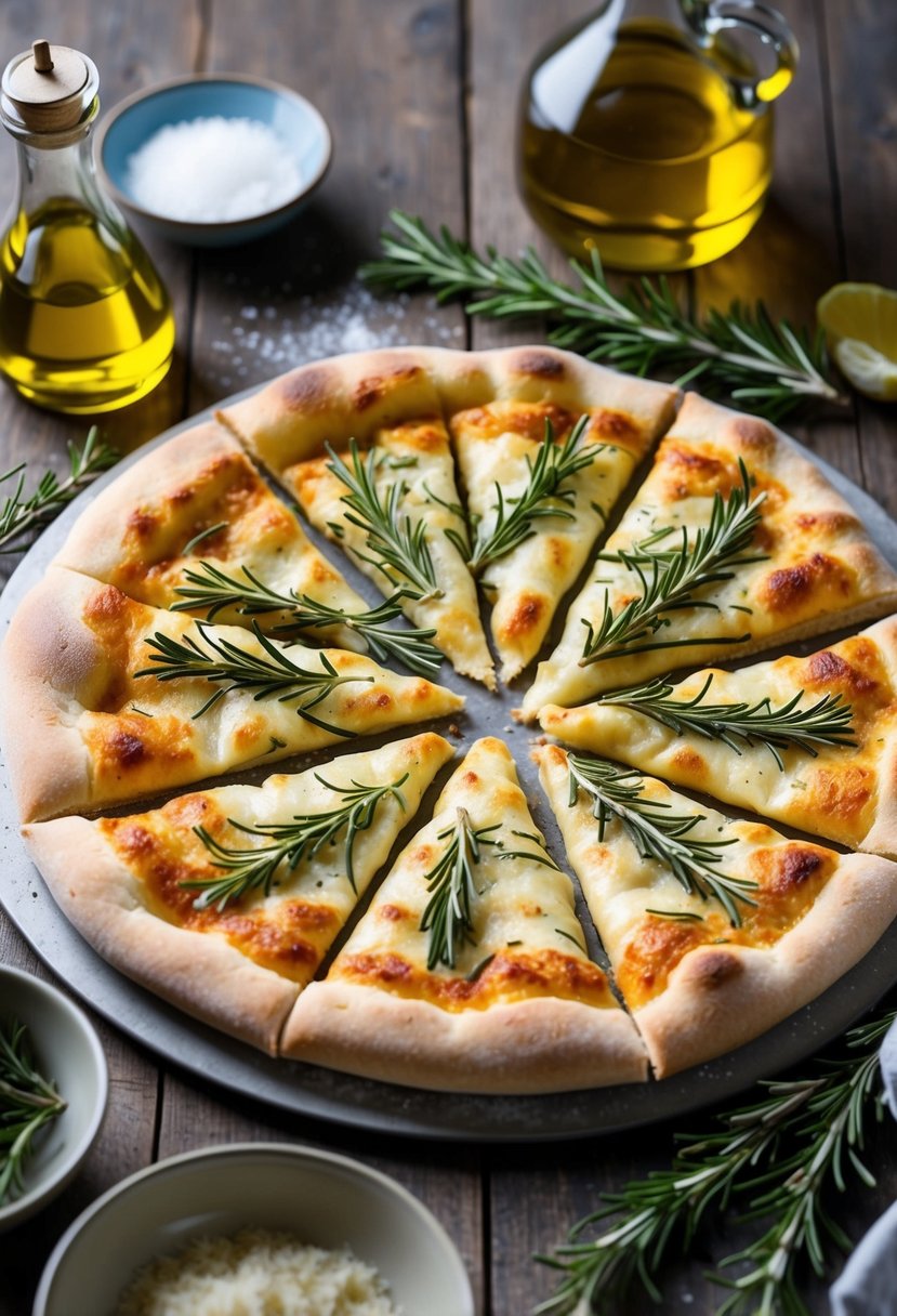 A rustic kitchen table with a freshly baked rosemary focaccia pizza, surrounded by ingredients like olive oil, rosemary, and sea salt