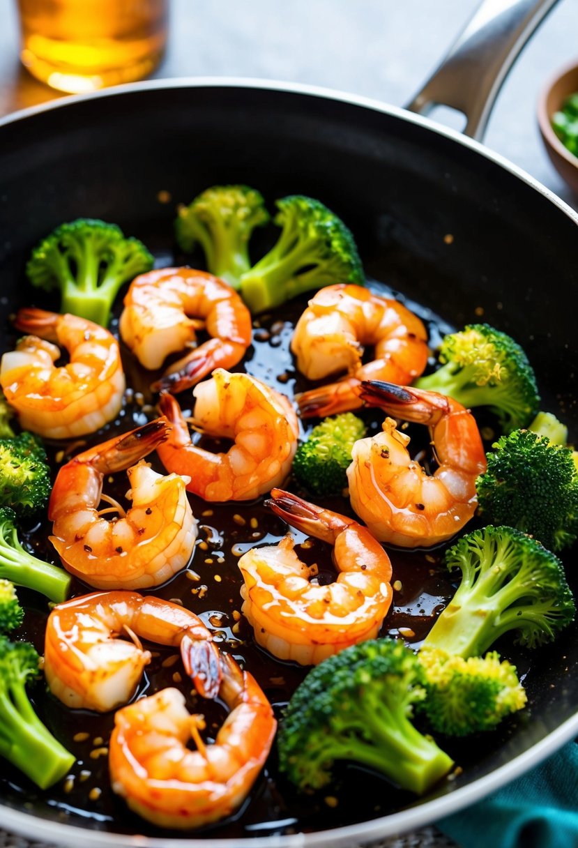 Plump shrimp sizzling in a hot pan with glistening teriyaki sauce, surrounded by vibrant green broccoli florets