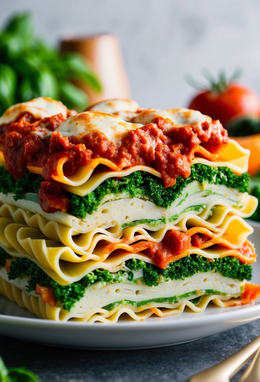 A colorful array of fresh vegetables layered between sheets of lasagna noodles, topped with rich tomato sauce and melted cheese