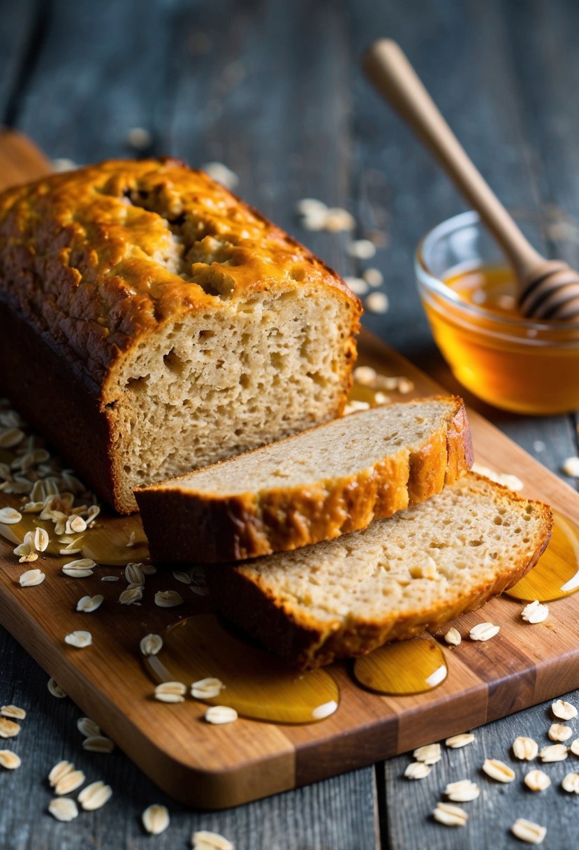 A warm loaf of oatmeal honey bread sits on a wooden cutting board, surrounded by scattered oats and a drizzle of honey