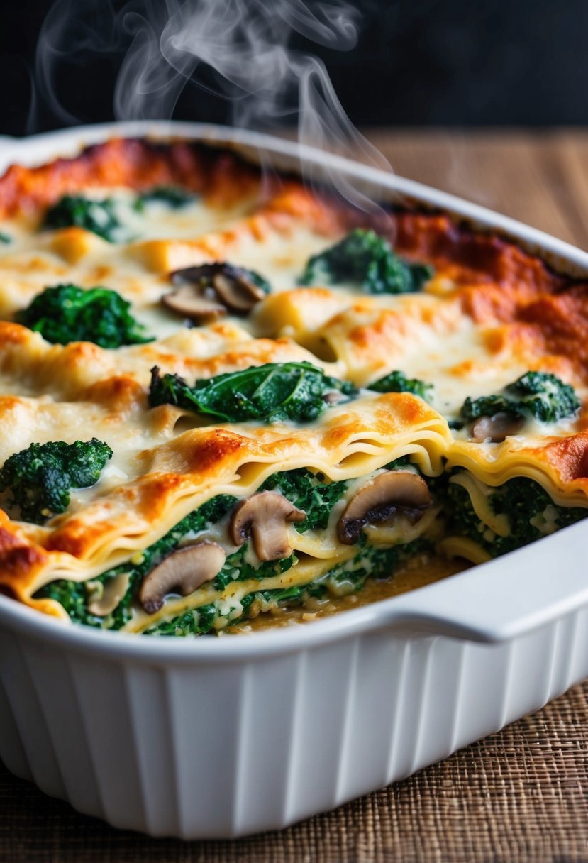 A bubbling lasagna dish, layers of spinach, mushrooms, and cheese, fresh out of the oven, steam rising from the golden brown crust