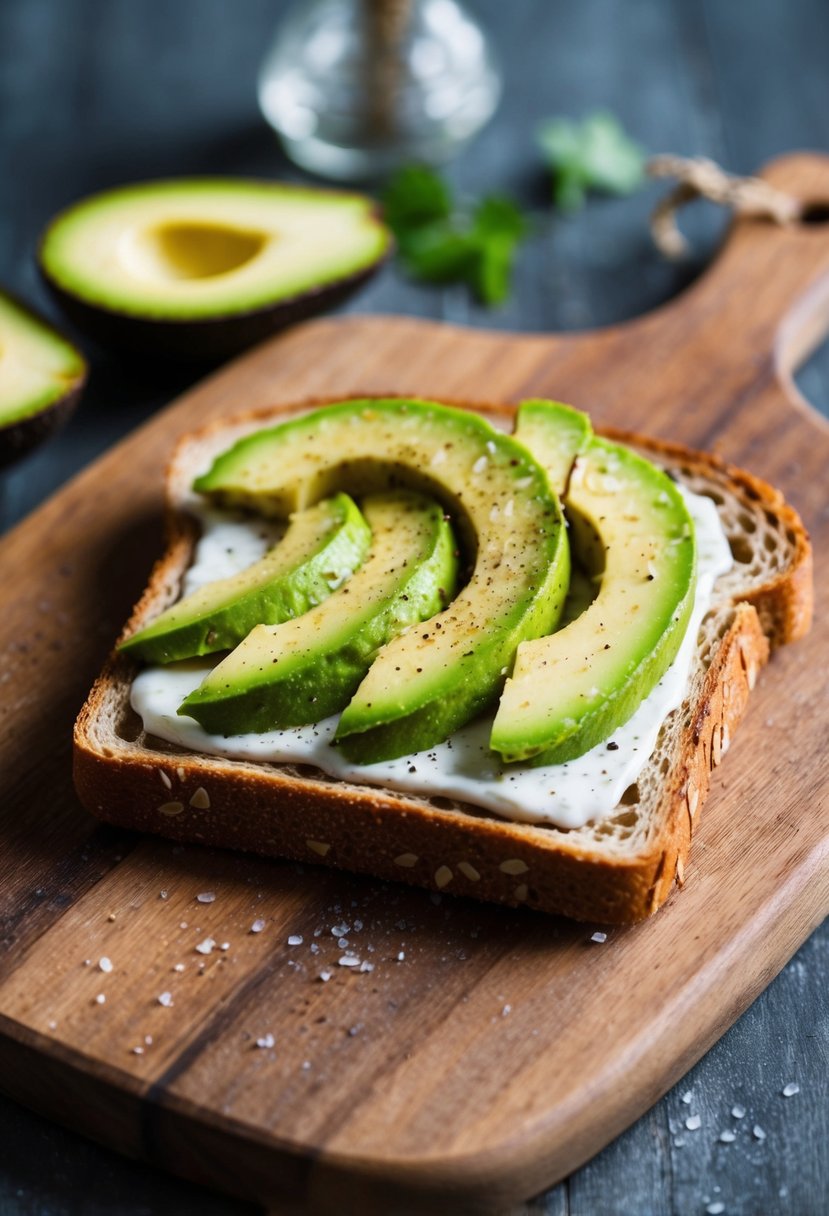 A slice of whole wheat avocado toast on a rustic wooden cutting board, topped with sliced avocado and sprinkled with sea salt and black pepper